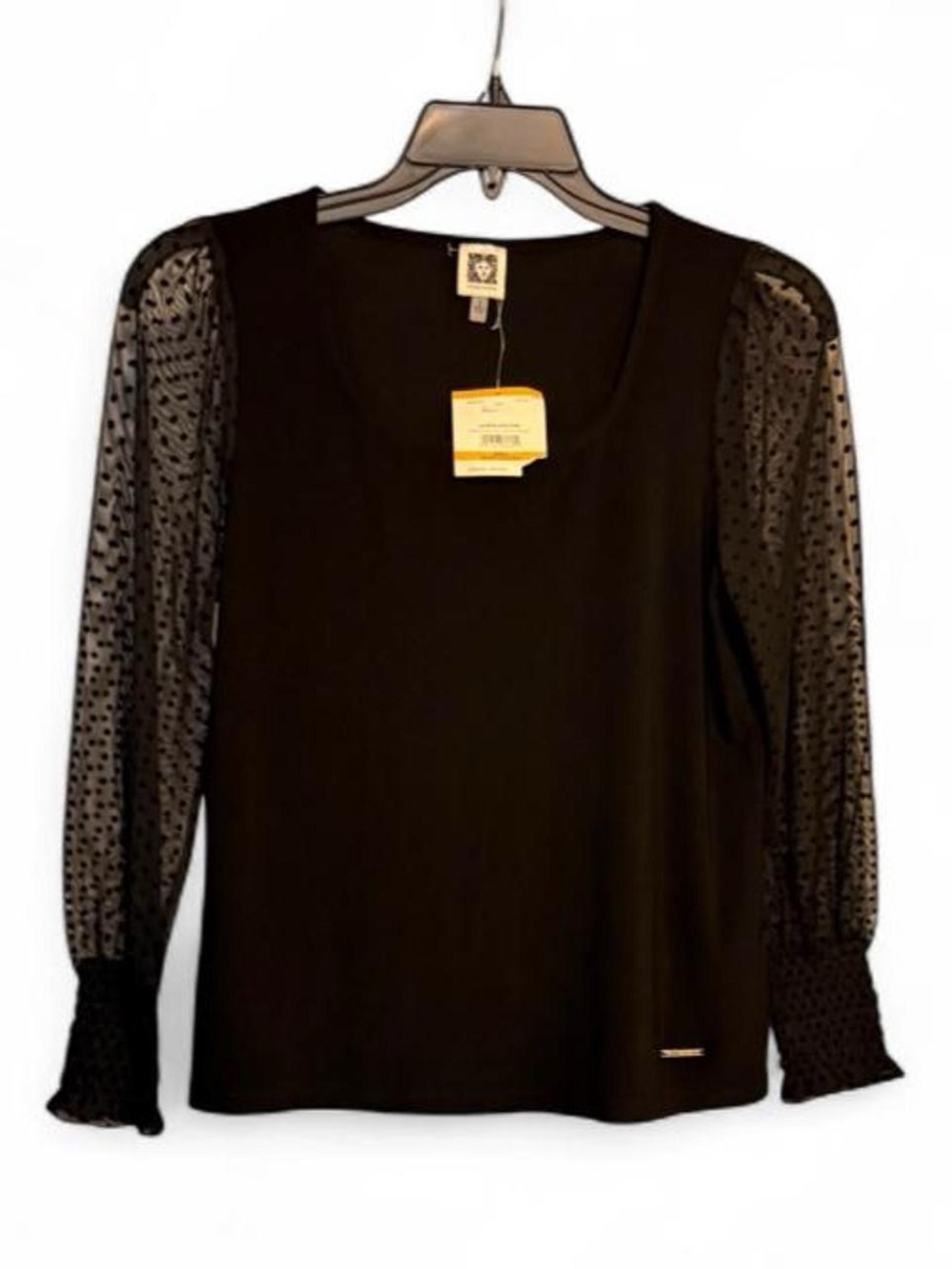 Anne Klein Black Long-Sleeve Scoop Neck Top with Sheer Dot Sleeves